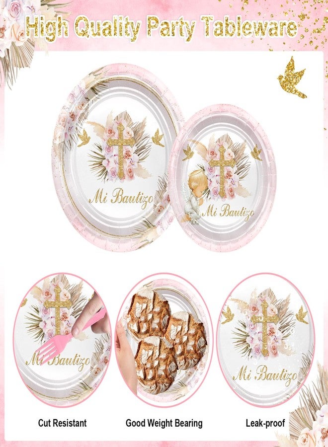 Lecheme Mi Bautizo Decorations for Girls 97 Pcs Pink Baptism Plates and Napkins Tablecloth Serve 24 Mi Primera First Communion Decorations God Bless Christening Party Supplies - Image 4